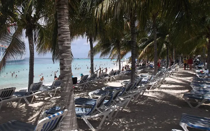 Beach chairs under palm trees at the Grand Turk Cruise Center