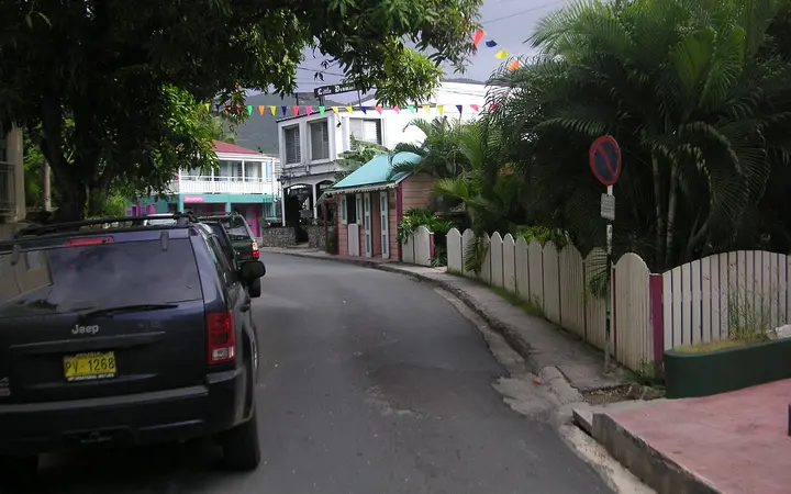 Older painted buildings along Main Street, Road Town