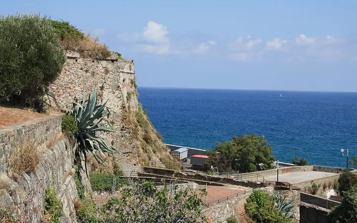 Walls of the Priamar Fortress above the sea in Savona