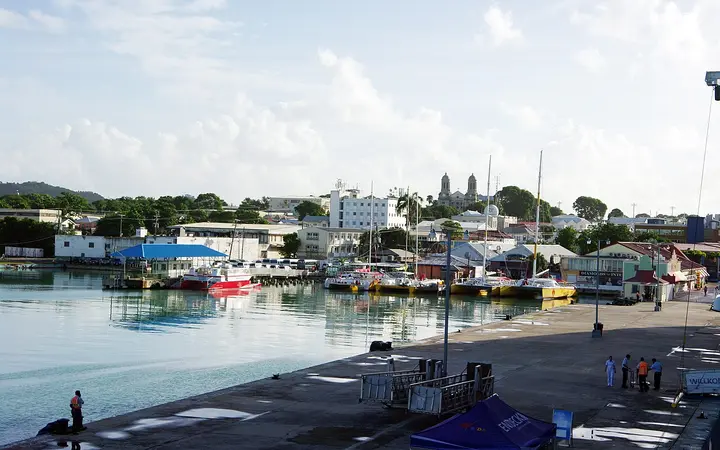 Cruise pier apron at St John's, Antigua, looking toward the town and cathedral towers