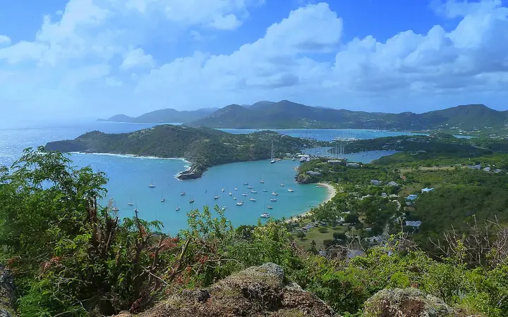 View from Shirley Heights over English Harbour, Falmouth Harbour and Galleon Beach, Antigua
