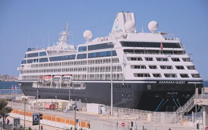 The small cruise ship Azamara Quest moored at the J4 esplanade quay in Marseille