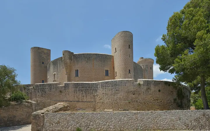 Circular stone walls and towers of Bellver Castle in Palma