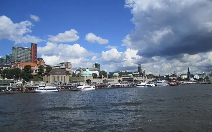 The St. Pauli Landungsbrücken seen from a harbour boat on the Elbe