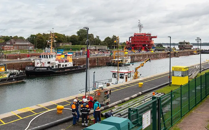 Ship in the Kiel-Holtenau lock of the Kiel Canal