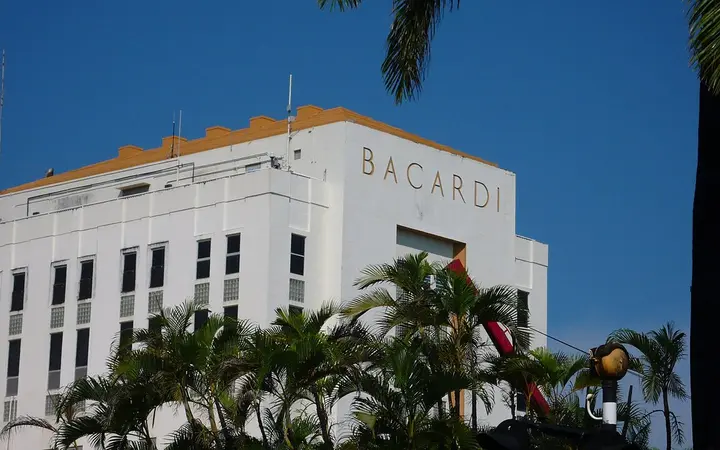 White Casa Bacardí building with the BACARDÍ name and palm trees in Cataño