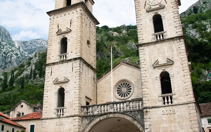 Twin bell towers of the Cathedral of Saint Tryphon on its square in Kotor Old Town