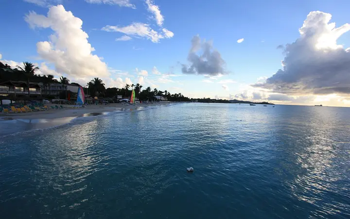 Calm water and beachfront resorts along Dickenson Bay, Antigua