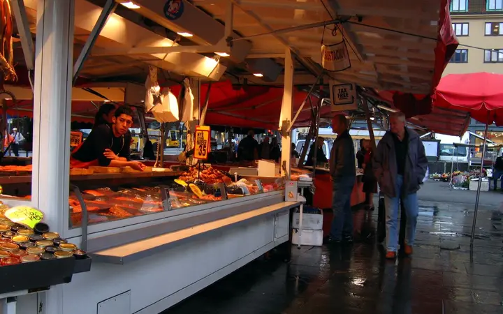 Seafood stall at the Fish Market (Fisketorget) in Bergen