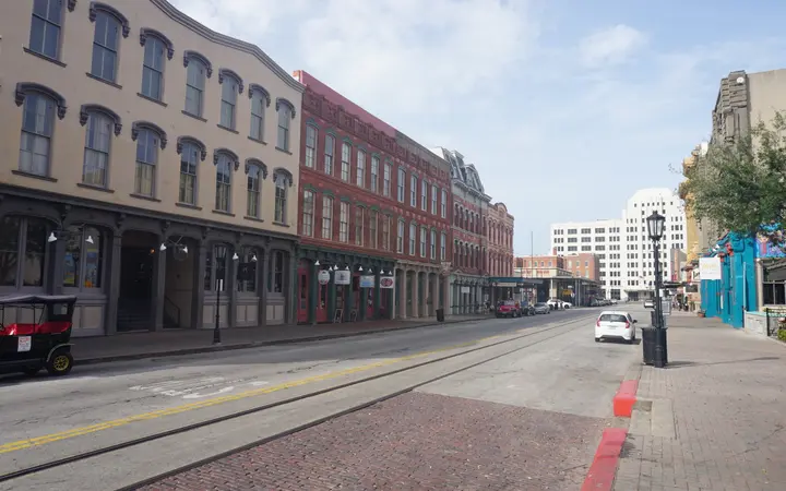 Brick and painted Victorian commercial buildings along the Strand in Galveston