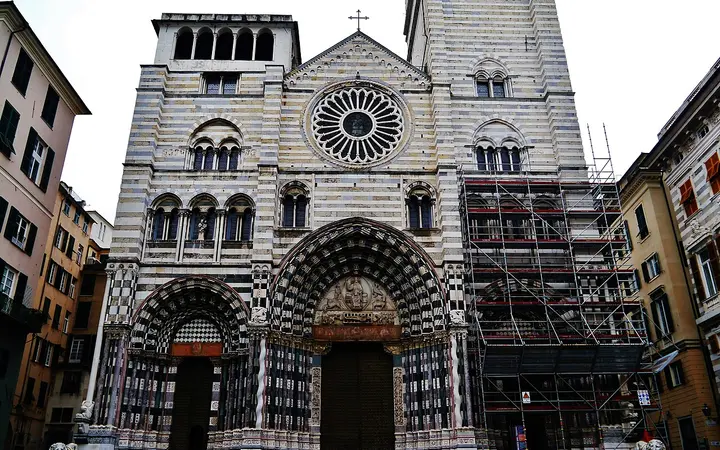 Striped Gothic facade of Genoa's Cathedral of San Lorenzo