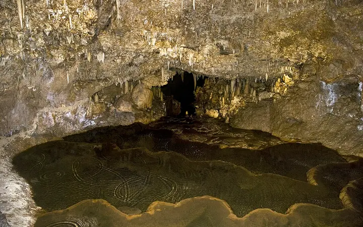 Stalactites and a still pool inside Harrison's Cave, Barbados