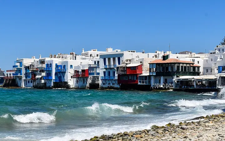 Colourful houses of Little Venice built right at the water's edge in Mykonos Town