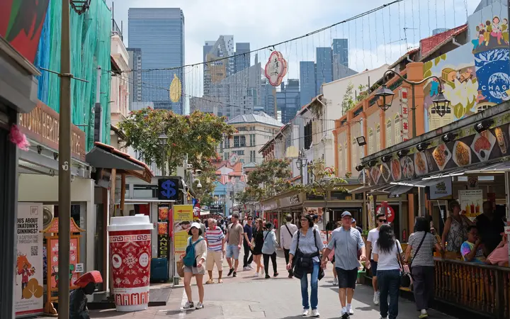 Pagoda Street in Chinatown, Singapore, lined with shophouses and shops