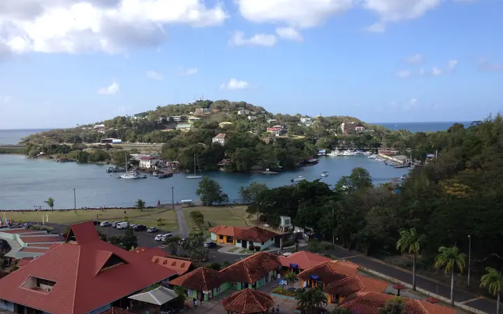 Red-roofed Pointe Seraphine cruise and shopping complex overlooking Castries Harbour and Vigie