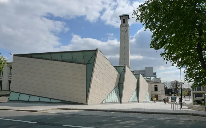 SeaCity Museum and its modern pavilion beside the Civic Centre clock tower in Southampton