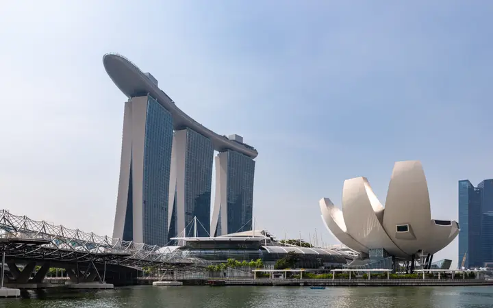 Marina Bay Sands hotel towers and the lotus-shaped ArtScience Museum seen across Marina Bay