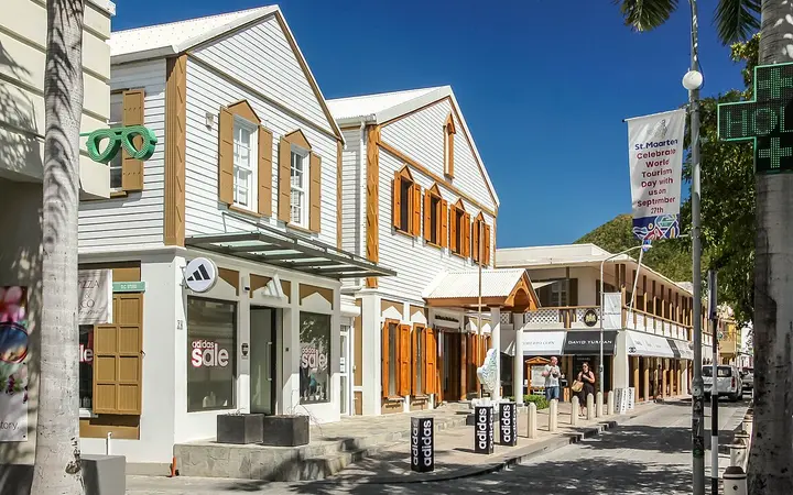 Colonial-style shopfronts on Front Street, Philipsburg
