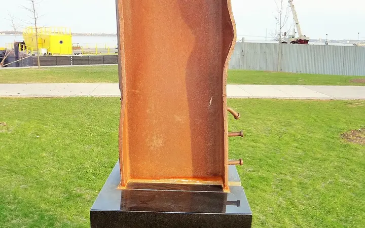 Steel beam from the World Trade Center displayed on a plinth at the Tear Drop Memorial site in Bayonne