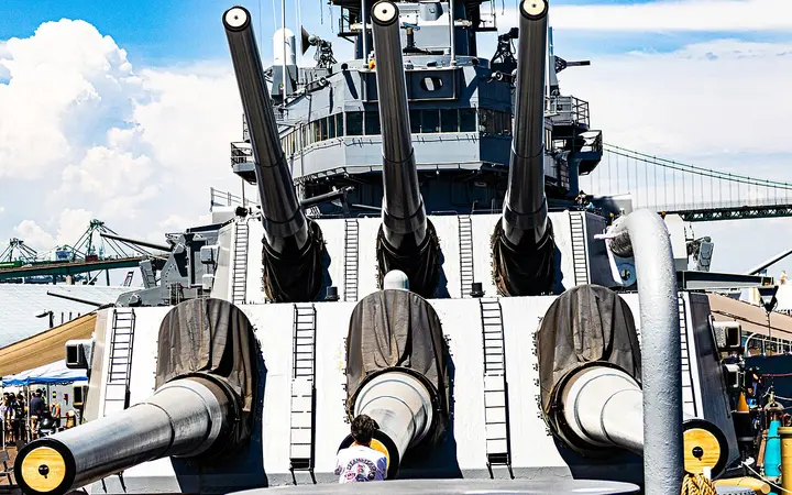 Forward 16-inch gun turrets of the USS Iowa museum ship in San Pedro