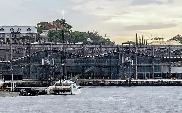 White Bay Cruise Terminal building seen from a ferry in Johnstons Bay