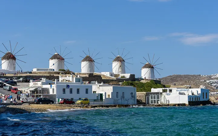 Kato Mili windmills on the hill above Mykonos Town