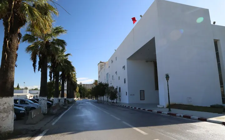 The white modern wing of the Bardo National Museum in Tunis on a sunny day, with a row of palm trees along the street