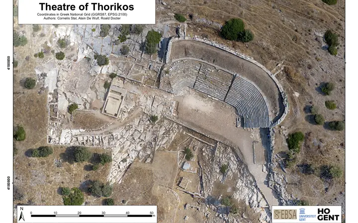 Labelled aerial view of the ancient theatre of Thorikos on Velatouri Hill
