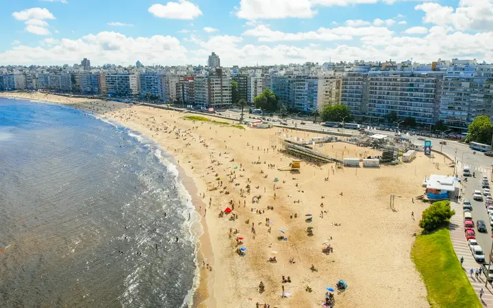 Aerial view of Pocitos beach curving along the Rambla in Montevideo, with apartment blocks behind