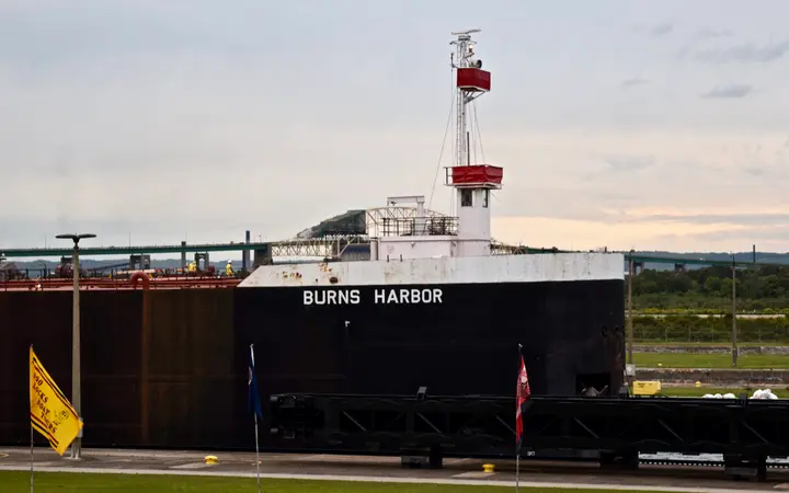 The 1,000-foot freighter Burns Harbor in the Soo Locks at Sault Ste. Marie, Michigan